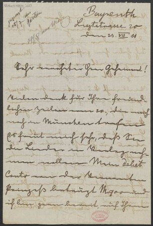 Brief an Ludwig Strecker  und B. Schott's Söhne : 23.07.1911