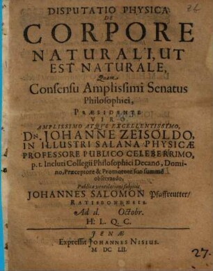 Disputatio Physica De Corpore Naturali, Ut Est Naturale