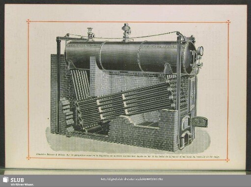 Chaudières Babcock & Wilcox. Vue en perspective montrant la disposition du nouveau système avec façade en et les boîtes de connexion et les fonds du réservoir en fer forgé