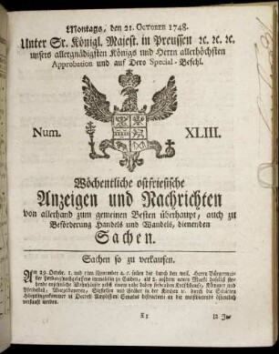 Num. XLIII. Montags, den 21. October 1748.
