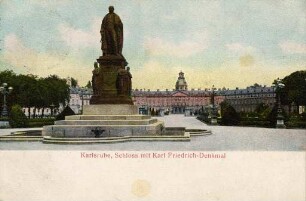 Postkartenalbum mit Motiven von Karlsruhe. "Karlsruhe, Schloss mit Karl-Friedrich-Denkmal". Schloss mit dem Denkmal für Großherzog Karl Friedrich