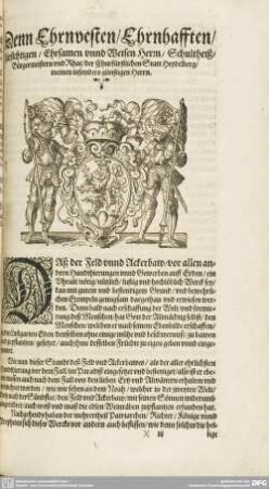 Denn Ehrnvesten / Ehrnhafften / Fürsichtigen / Ehrsamen vnnd Weisen Herrn / Schultheiß / Bürgermeistern vnd Rhat / der Churfürstlichen Statt Heydelberg /