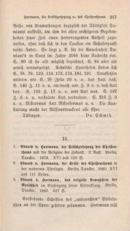 317-326 [Rezension] Hartmann, Eduard von, Die Selbstzersetzung des Christenthums und die Religion der Zukunft