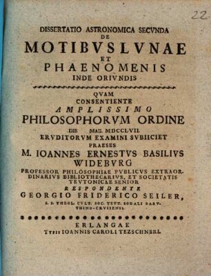 Dissertatio Philosophico-Astronomica De Motv Terrae Et Phaenomenis Inde Orivndis. Dissertatio Astronomica Secvnda