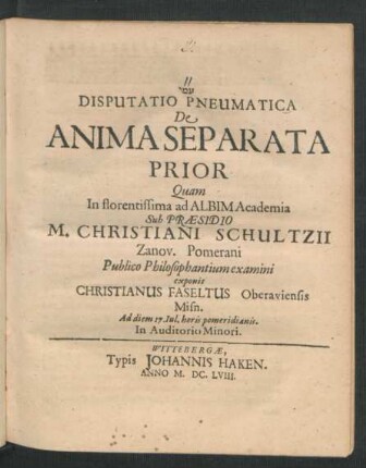 Disputatio Pneumatica De Anima Separata Prior
