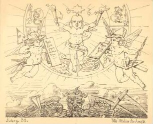 Neujahr Glückwunsch Karte 1874: Drei Putti die Attribute der Architektur und Fackeln haltend