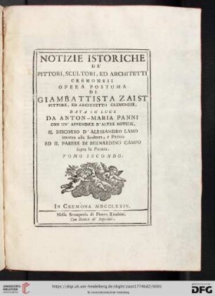 Tomo Secondo: Notizie Istoriche De' Pittori, Scultori, Ed Architetti Cremonesi