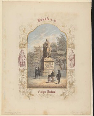 Goethedenkmal vor Bäumen, in ornamentaler Goldrahmung