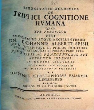 Exercitatio Academica De Triplici Cognitione Hvmana