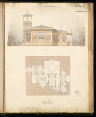 Maleratelier Monatskonkurrenz März 1874: Grundriss Erdgeschoss, Aufriss Seitenansicht; 2 Maßstabsleisten, Legende
