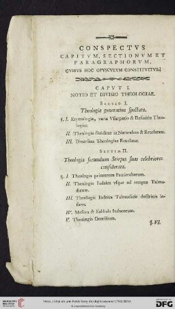Conspectus capitum, sectionum et paragraphorum, quibus hoc opusculum constituitur