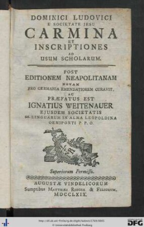 Dominici Ludovici E Societate Jesu Carmina Et Inscriptiones Ad Usum Scholarum