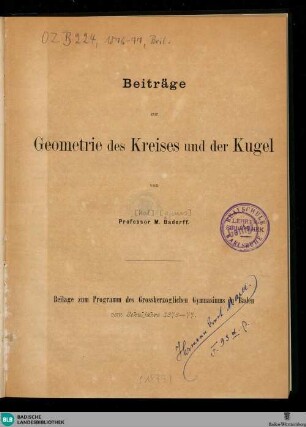 Beiträge zur Geometrie des Kreises und der Kugel