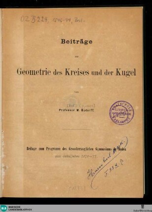Beiträge zur Geometrie des Kreises und der Kugel