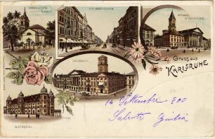 Postkartenalbum. "Gruss aus Karlsruhe". Katholische Stadtkirche, Kaiserstraße, Evangelische Stadtkirche, Rathaus und Schloss Gottesaue