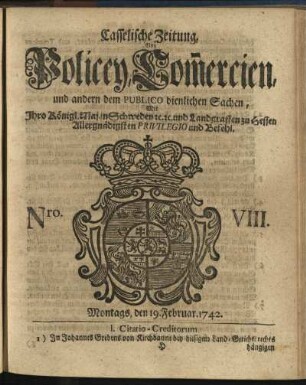 Nro. VIII, Montags, den 19. Februar 1742