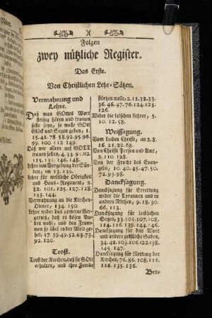 Folgen zwey nützliche Register. Das Erste. Von Christlichen Lehr-Sätzen.