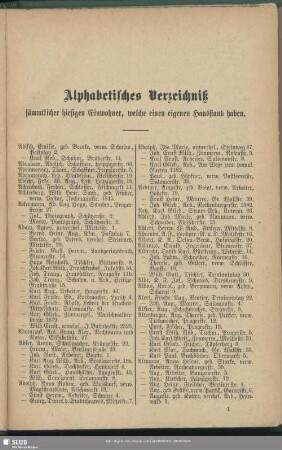 Einwohnerverzeichnis : Alphabetisches Verzeichniß sämmtlicher hiesigen Einwohner, welche einen eigenen Hausstand haben