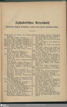 Einwohnerverzeichnis : Alphabetisches Verzeichniß sämmtlicher hiesigen Einwohner, welche einen eigenen Hausstand haben
