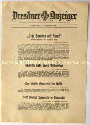 Nachrichtenblatt "Dresdner Anzeiger" u.a. über angebliche britische Pläne zur Bombardierung von Rom