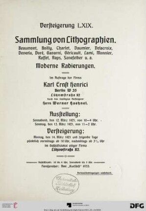 Sammlung von Lithographien : Beaumont, Boilly, Charlet, Daumier, Delacroix, Deveria, Doré, Gavarni, Géricault, Lami, Monnier, Raffet, Rops, Senefelder u.a., (Katalog Nr. 69)
