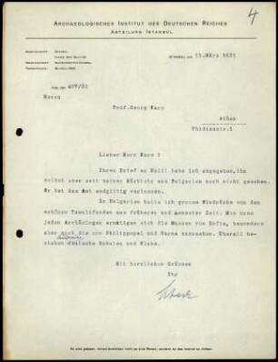 M. Schede an G. Karo