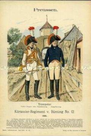 Uniformdarstellung, Trompeter des Kürassier-Regiments K 12 in Parade- bzw. Ausgeh-Uniform, Königreich Preußen, 1806.