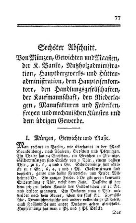 Sechster Abschnitt. Von Münzen, Gewichten und Maaßen, [...]