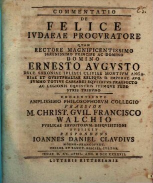 Commentatio De Felice Ivdaeae Procvratore