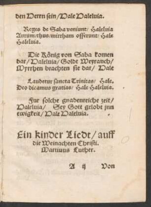 Ein kinder Liedt/ auff || die Weinachten Christi. || Martinus Luther. ||