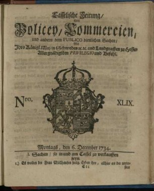 Nro. XLIX, Montags, den 6. December 1734