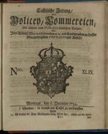 Nro. XLIX, Montags, den 6. December 1734