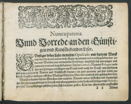 Nuncupatoria Unnd Vorrede/ an den Günstigen und Kunstliebenden Leser.