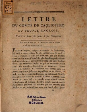 Lettre du Comte de Cagliostro au peuple anglois ...