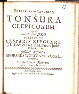 Exercitatio Canonica, De Tonsura Clericorum