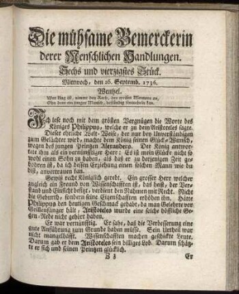 Sechs und vierzigstes Stück. Mittwoch, den 26. Septemb. 1736.