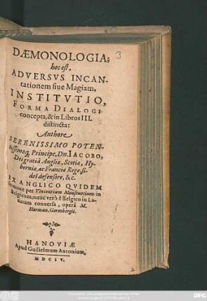 Daemonologia; hoc est, Adversus Incantationem sive Magiam, Institutio, Forma Dialogi concepta, & in Libros III. distincta