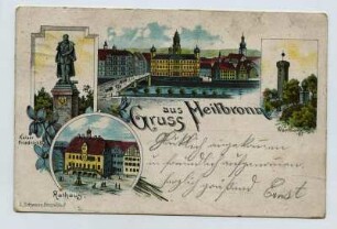 Mehrbildkarte, 4 Motive: Neckarbrücke mit Postamt 1, Rathaus, Kaiser Friedrich III [Kaiser-Friedrich-Denkmal], Wartberg
