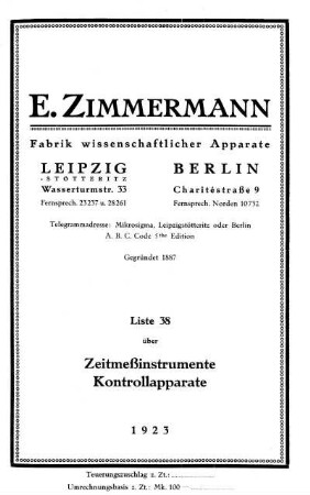 Liste 38: Über Zeitmeßinstrumente, Kontrollapparate