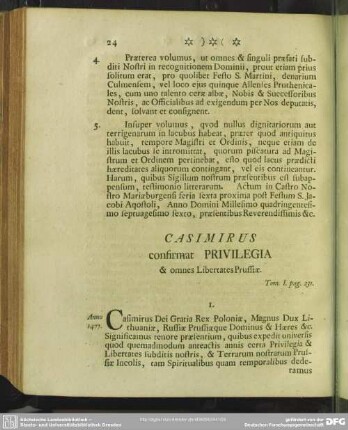 Casimirus confirmat Privilegia & omnes Libertates Prussiae. Tom I. pag. 231.