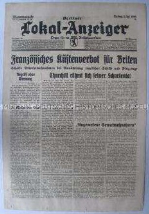 Tageszeitung "Berliner Lokal-Anzeiger" über einen Angriff der britischen Marine auf französische Schiffe im Hafen von Oran