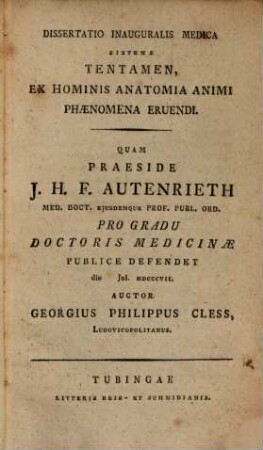 Diss. inaug. med. sistens tentamen, ex hominis anatomia animi phaenomena eruendi