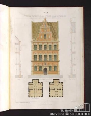 Villas, maisons de ville et de campagne. Composées sur les motifs des maisons de Paris moderne. Maison danois. Coupe. Coupe dans l'axe. Rez-de-chaussée. 1er etage.