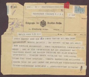 Telegramm von Matthias Erzberger an Constantin Fehrenbach, Politischer Standpunkt von General Max von Gallwitz bzgl. der Revolution