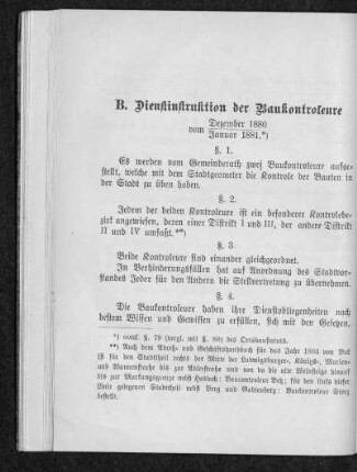 B. Dienstinstruktion der Ortsbaukontroleure von 1880-81 §§. 1-15