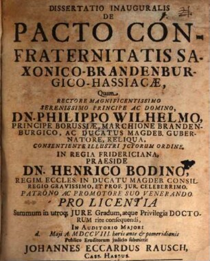 Dissertatio Inauguralis De Pacto Confraternitatis Saxonico-Brandenburgico-Hassiacæ