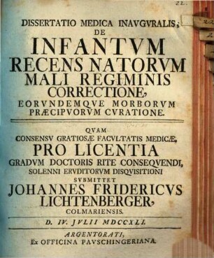 Diss. med. inaug. de infantum recens natorum mali regiminis correctione, eorundemque morborum praecipuorum curatione