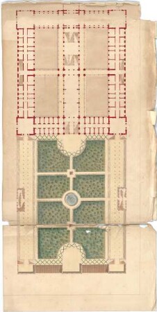 Röhrer, Karl; Unidentifizierte Gebäude - Rechteckiges, symmetrisches Gebäude mit Gartenanlage (Grundriss)