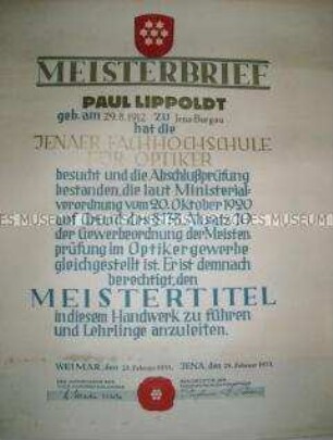 Meisterbrief für einen Optiker