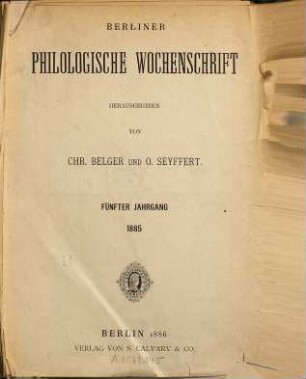 Berliner philologische Wochenschrift. 5. 1885 (1886)